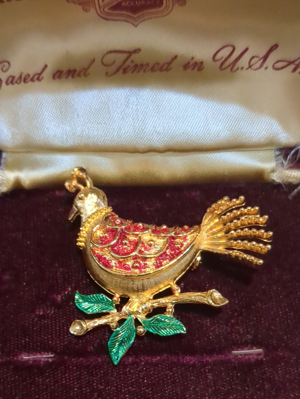 Vintage Gold-Tone Bird Brooch with Red Enamel and Green Leaves- Signed Corel